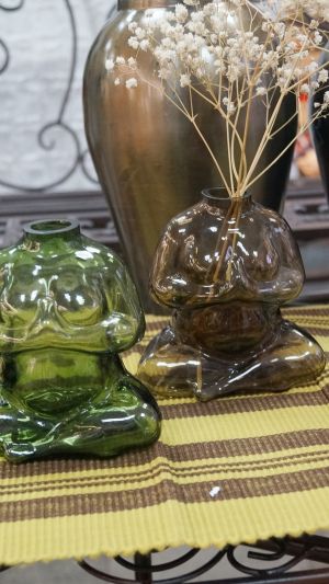 Стъклена ваза Буда - зелена/кафява