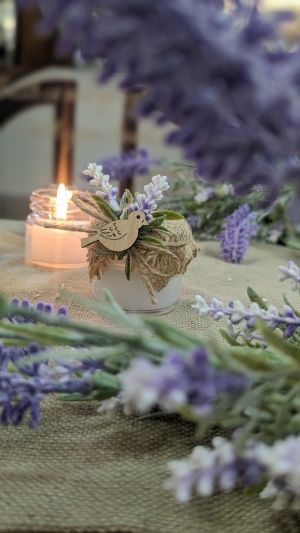 Стъклено бурканче със свещ декорирано за кръщене, сватба, юбилей