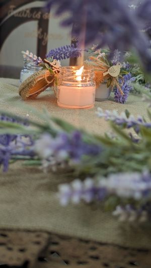 Стъклено бурканче със свещ декорирано за кръщене, сватба, юбилей